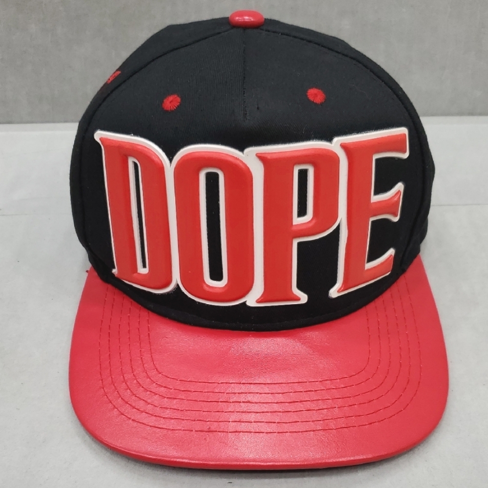 Max Headgear Dope snap back hat black twill red faux leather bill 3D lettering